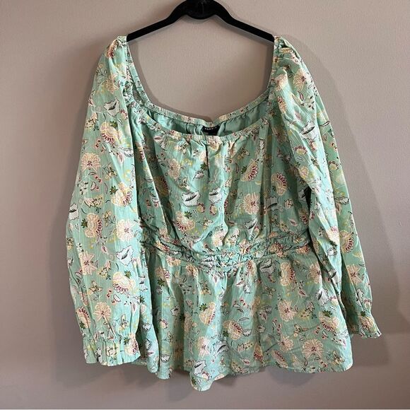 ✨ Torrid Mint Green Top Floral Clip Dot Long Blouse Sleeve Smocked Waist 4X - Picture 3 of 14